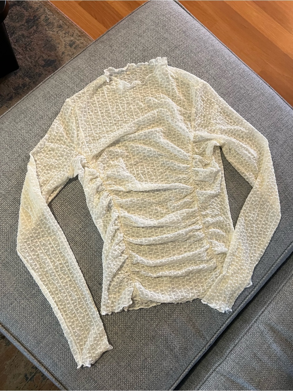 Sheer Ruched Long-Sleeve Mesh Top - Cream